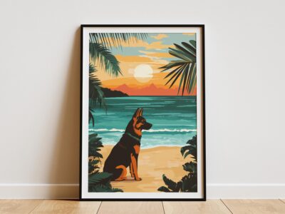 German Shepherd Tropical Beach Sunset Wall Art